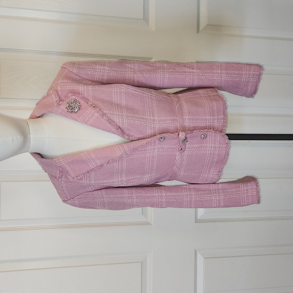 Pink Plaid Tweed Women's Blazer Jacket